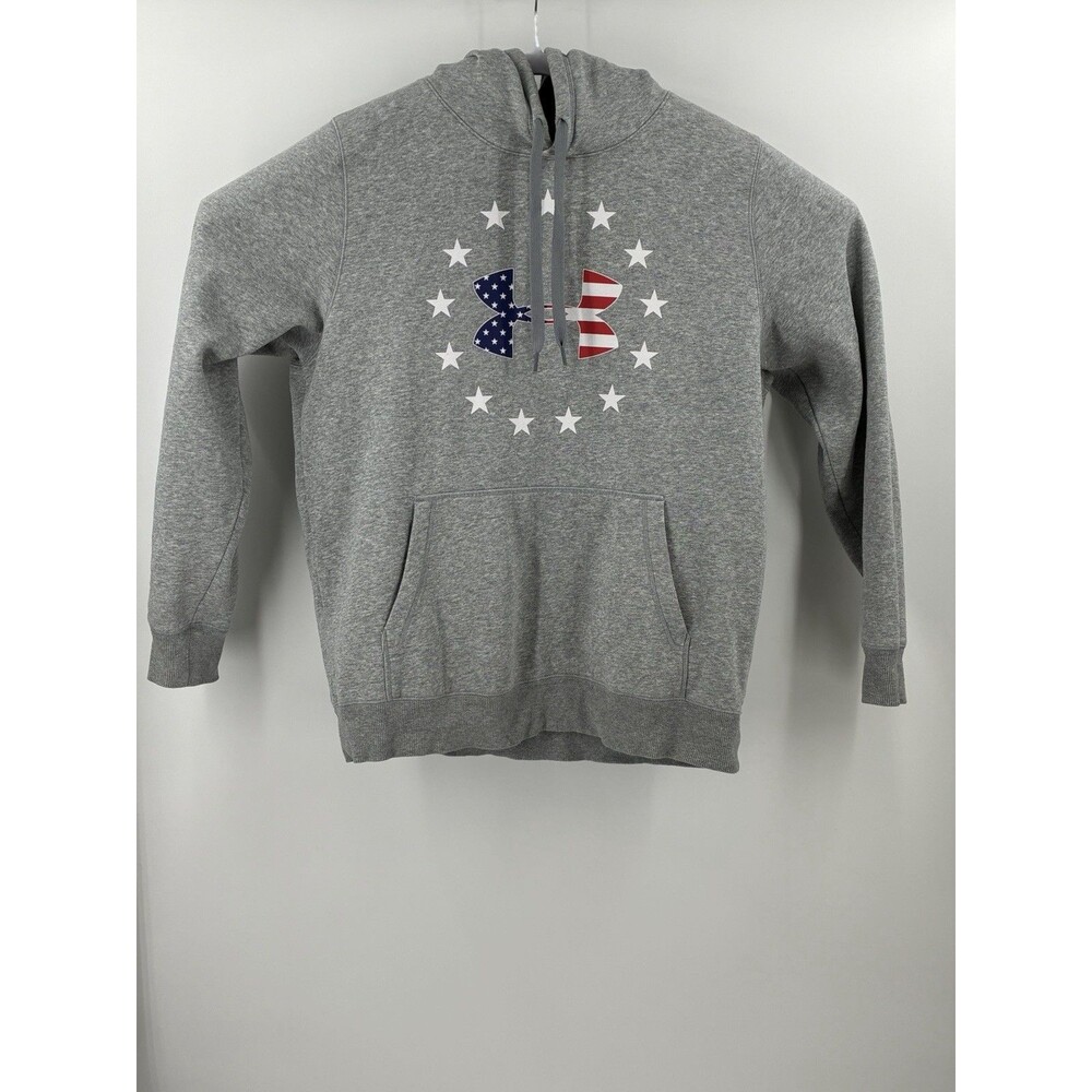 Under Armour Hoodie Mens Large Gray Patriotic Flag Logo Fleece Pullover ColdGear